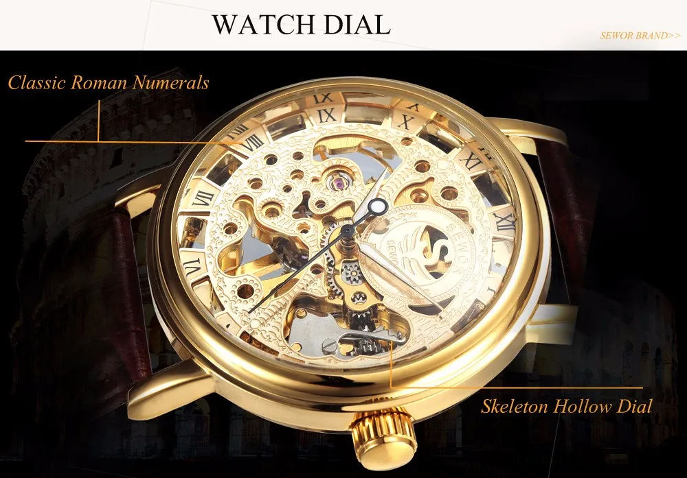 New Luxury Brand Gold Transparent Skeleton Watch Men Mechanical Hand Wind Wristwatch Male Fashion Leather Band Wristwatch