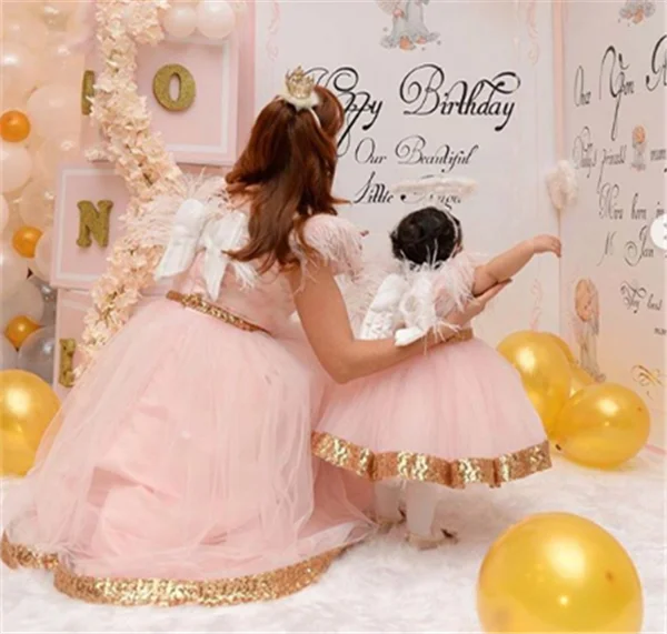 Cute Pink Puffy Tulle Baby Girl Birthday Party Dress with Sequins Bow Little Princess Cloth Mother Daughter 9M 12M 18M 24M | Детская