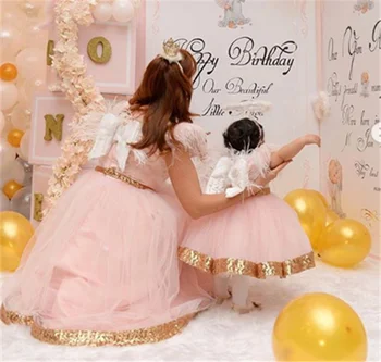 

Cute Pink Puffy Tulle Baby Girl Birthday Party Dress with Sequins Bow Little Princess Cloth Mother Daughter Dress 9M 12M 18M 24M