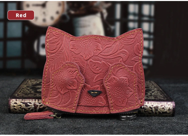Handarbeit Aus Echtem Leder Geldbörse Kleine Mini Karte Slot Tasche Geld Tasche Nette Katze Tragbare Organizer Schlüssel Karte Brieftasche – Detail 14
