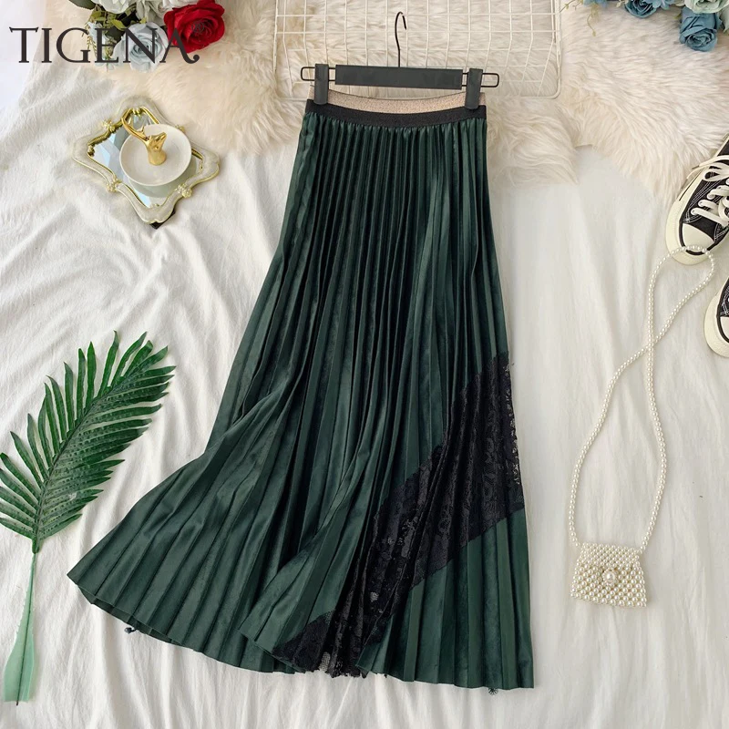 Женская плиссированная юбка макси TIGENA, длинная юбка избархатаи шнурок, юбка с высокой талией для женщин на осень-зиму
