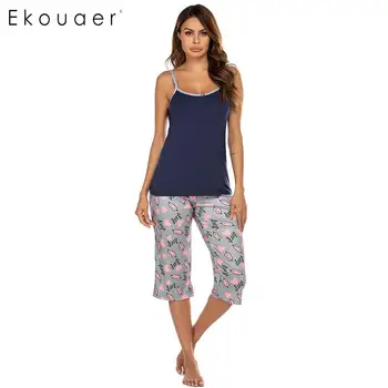 

Ekouaer Women Nightwear Pajama Sets Spaghetti Straps Sleeveless Tops Prints Calf Length Pants Pajamas Set Ladies Sleepwear