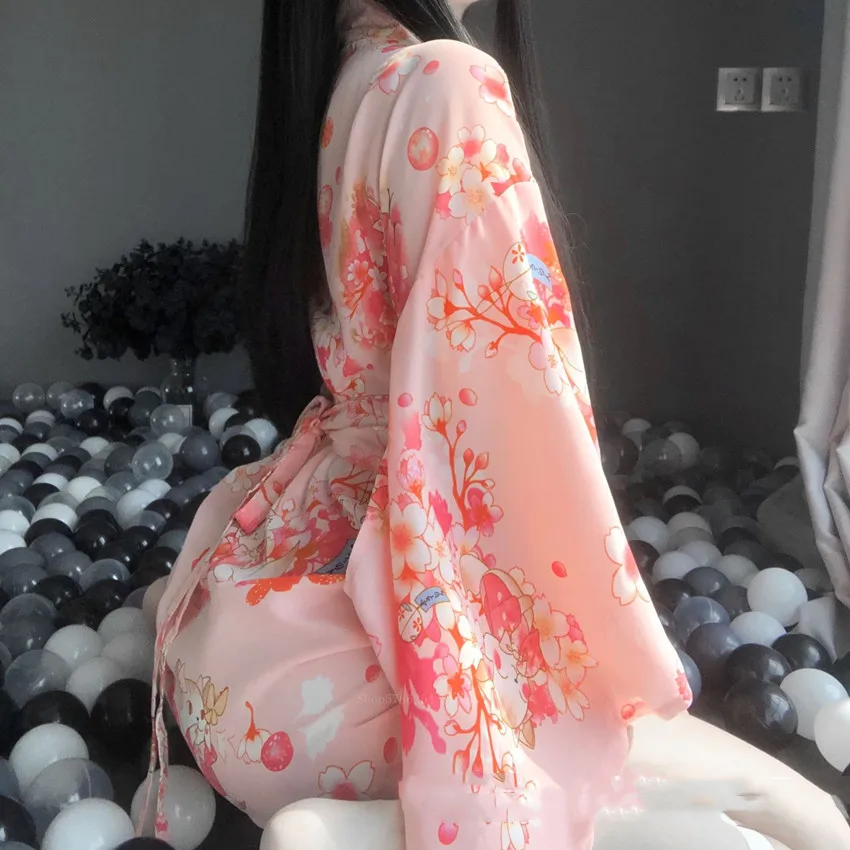 Kimono Dress Japanese Style Woman Sakura Sexy Girl Haori Vintage Yukata Bathrobe Sexy Uniform Nightgown Pajamas Party Clothes