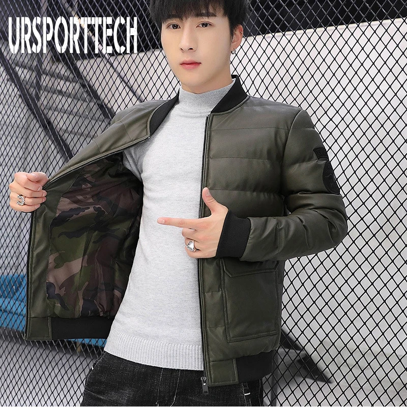 High Quality Winter Jacket Men Parka Stand Collar PU Leather Thick Warm Padded Baseball Jacket Student Boys Fashion Outwear Coat