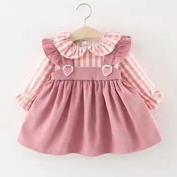 

Casual Doll Collar Long Sleeve Dresses Baby Kids Girls Plaid Printing Strawberry Autumn Breathable Princess Ruffled Dress