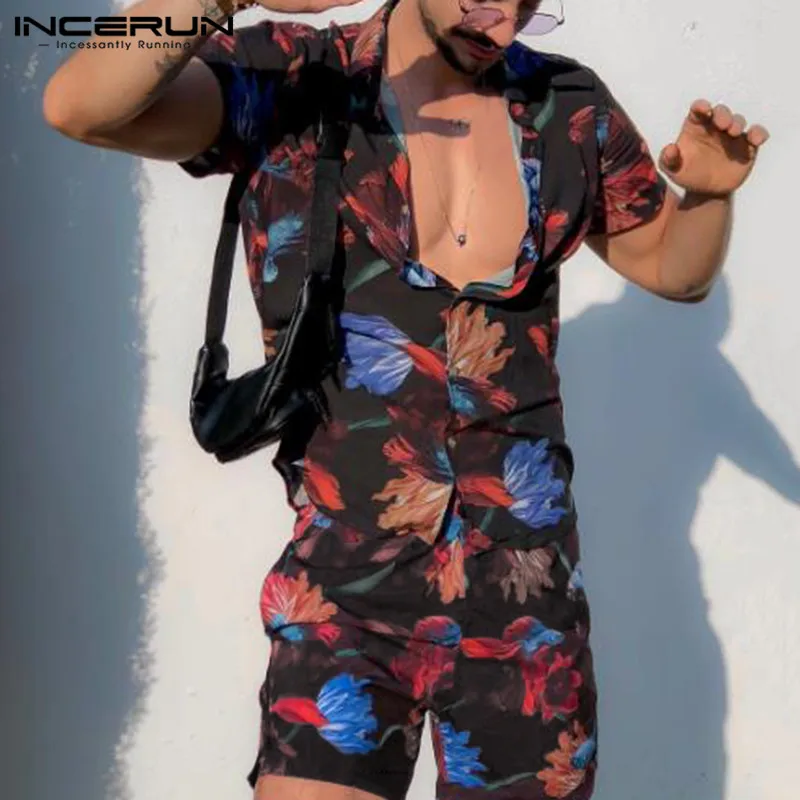Shirt Shorts Hawaiian-Suits Men-Sets Streetwear INCERUN Casual Beach Men Summer 2pieces