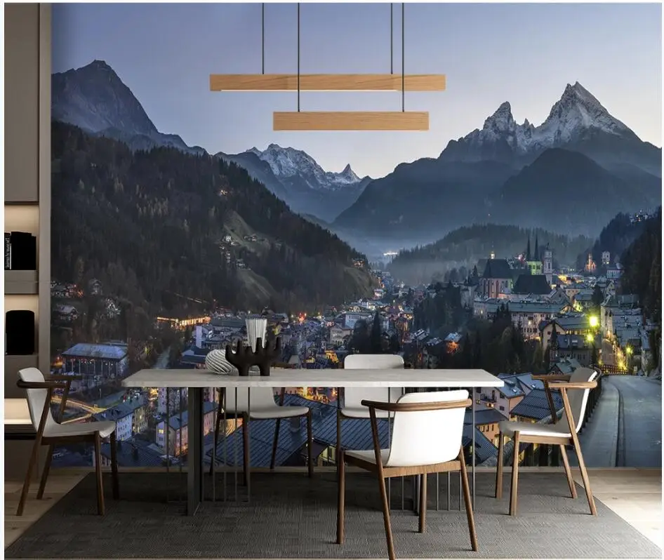 

3d wallpaper custom photo Mountain town, European town, night view home decor living room 3d wall murals wallpaper for walls 3 d