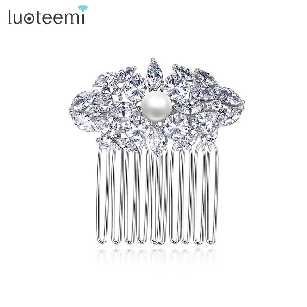 

LUOTEEMI New Design Flower Hair Comb for Women Wedding Trendy Fashion Cubic Zircon Rhinestone Bride Engagement Jewelry Christmas