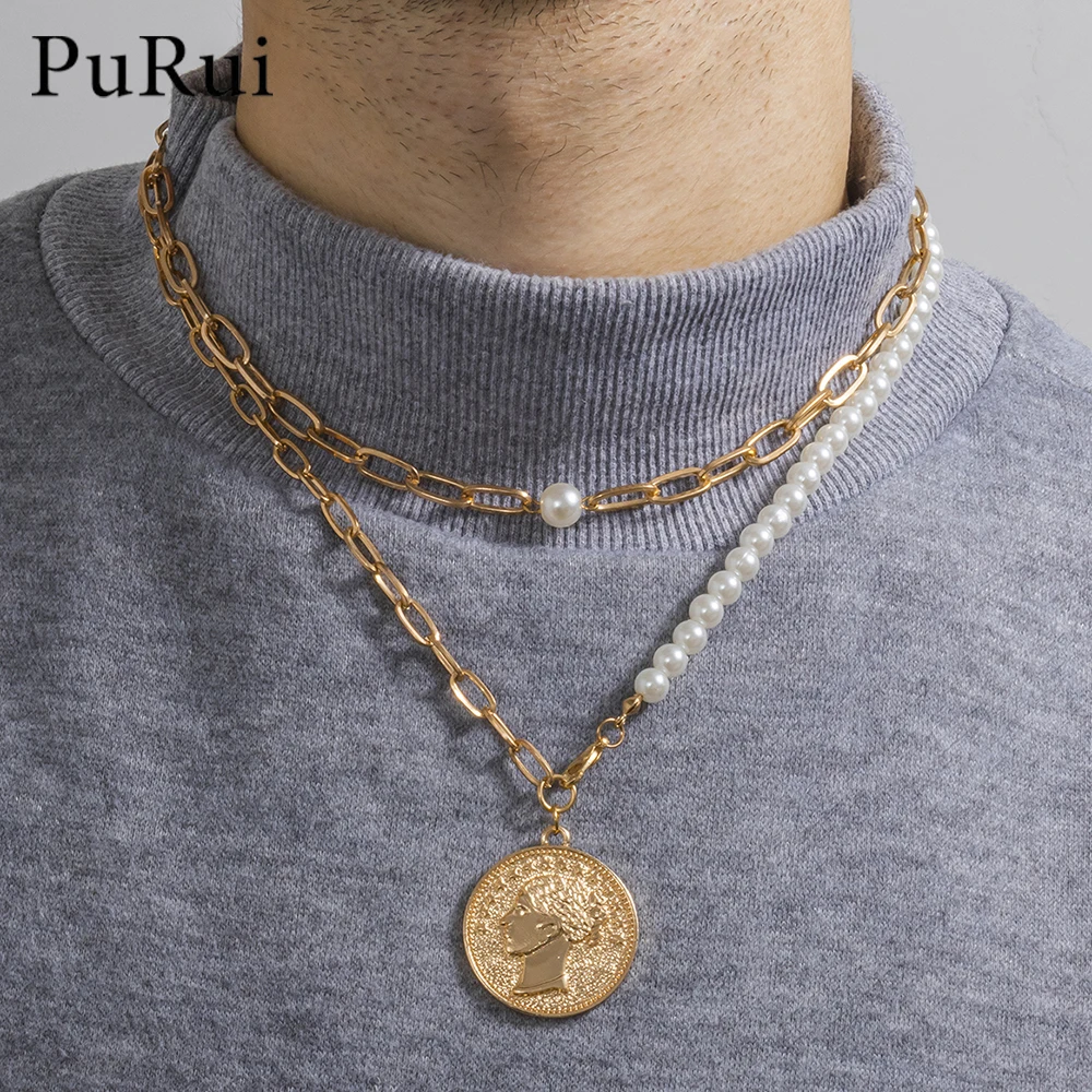 

Trendy Asymmetric Portrait Coin Pendant Necklace Women Men Boho Multilayer Pearl Necklaces Geometric Choker Bijoux Goth Jewelry