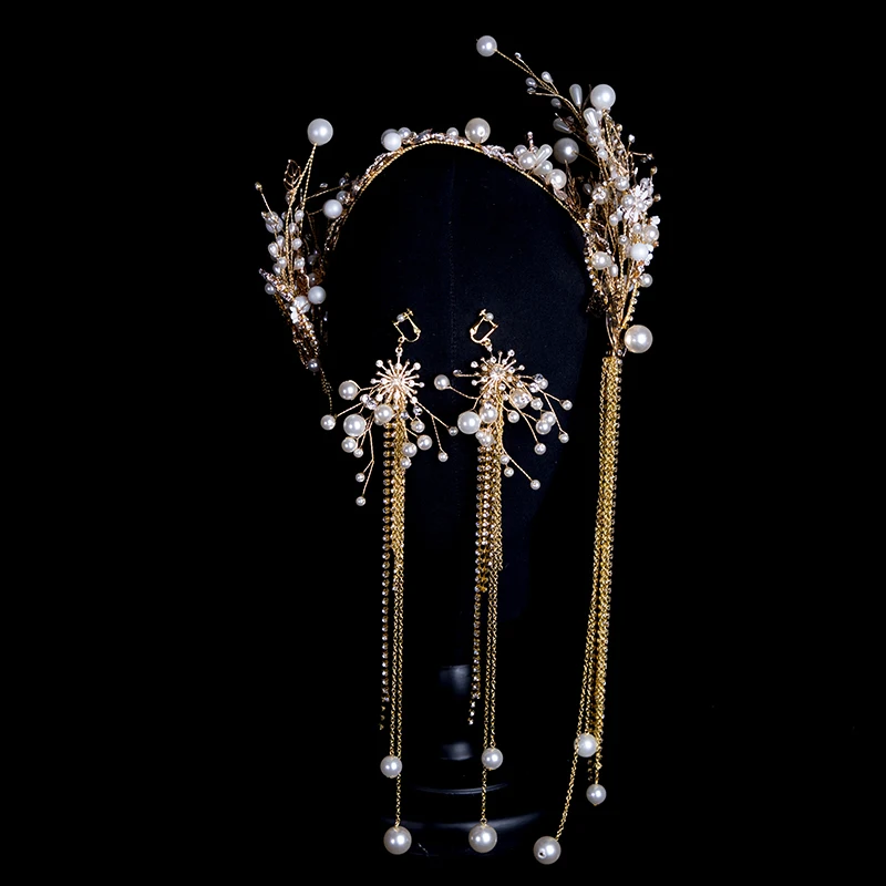Fashion Headdress Earrings Fairy Tiaras Butterfly Pearl Bead Chain Tassels Model Show Studio Photo Shoot Decoration Accessories