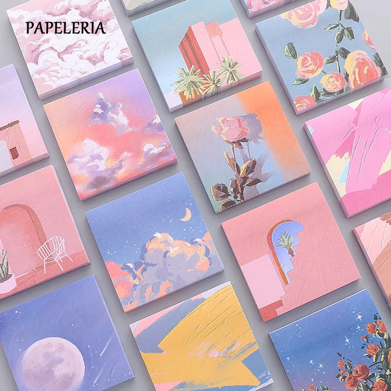 

PAPELERIA 80pcs Kawaii Memo Pad Paper Oil Painting Pattern Sticky Notes Student N Times Sticky Stationery Office School Supplies