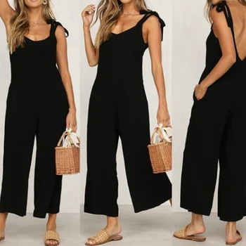 

Summer Sleeveless Deep V-Neck Wide Leg Jumpsuit Women Sexy Backless Jumpsuits Solid Color Slim Bow Jumpsuit Romper New Arrivals