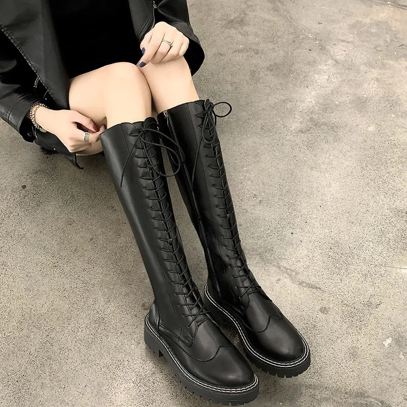 

2019 Autumn & Winter New Style Slimming British-Style Black And White with Pattern Biker Boots Women's Boots Chunky-Heel Lace-