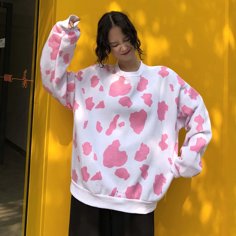 Зимняя новая корейская мода ulzzang Милая коровья Печать Свободный капюшон плюс бархатная Толстовка ins Harajuku o-образным вырезом Повседневная Женская толстовка