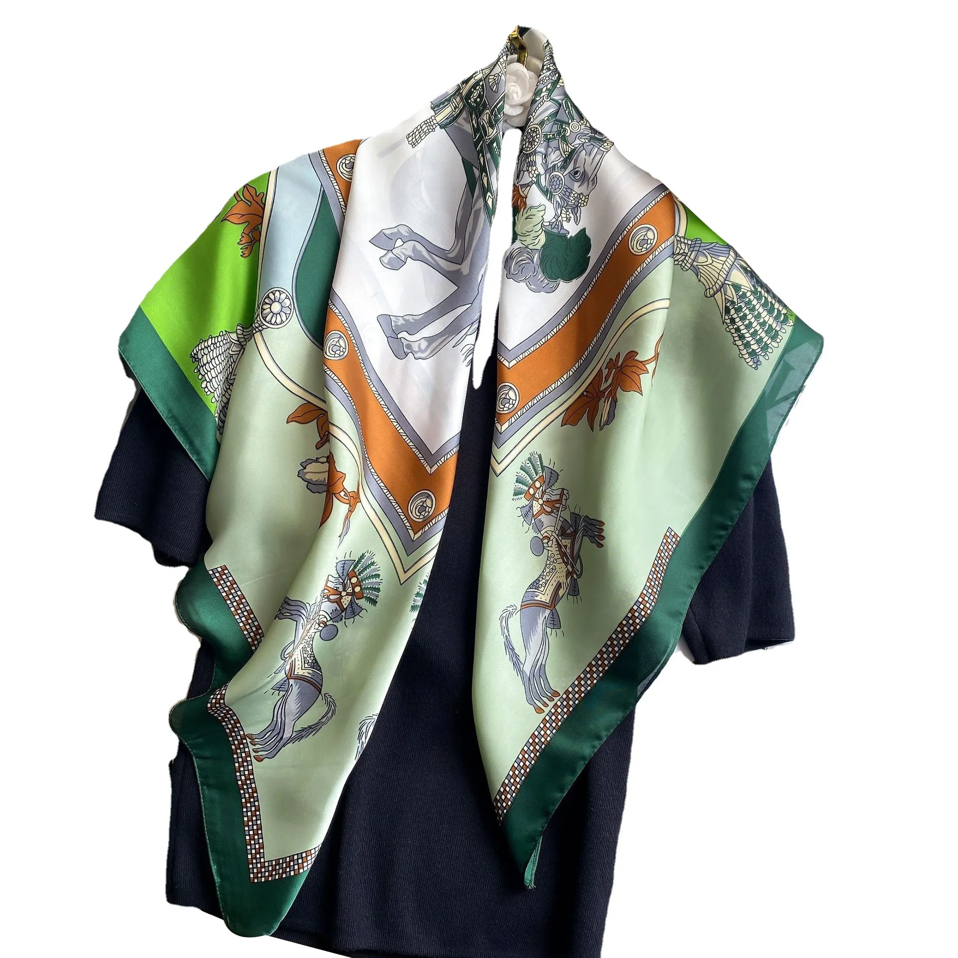 

2021 Newest 90*90cm Polyester Silk Multifunction Women Luxury Scarf Small Square Horse Print Hajibs