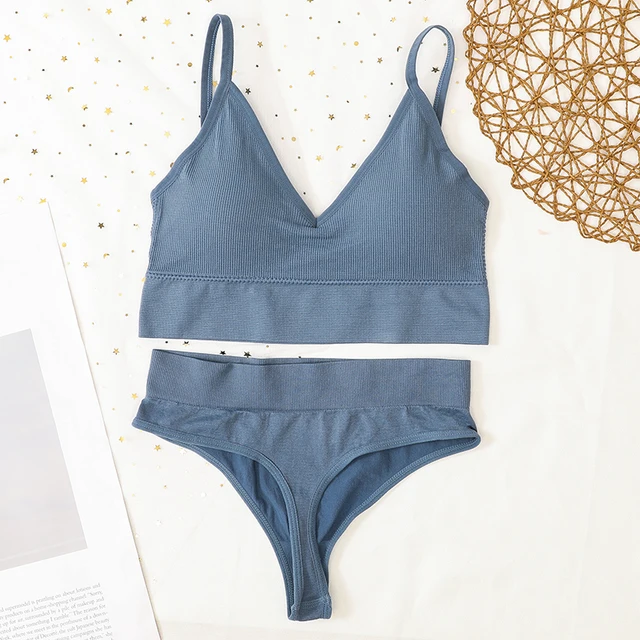 Women Bra And Panties Set Sports Bra Set Sexy G-String Seamless Bra Thong Sexy Lingerie Set Fitness Crop Top Underwear Intimates thong-blue
