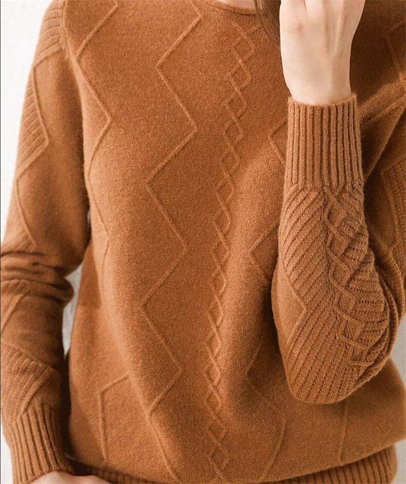 GCAROL New Women O Neck Curled Rhombic Sweater Fall Winter 30% Wool Cashmere Thick Jumper Stretch Warm OL Knitted Pullover S-3XL