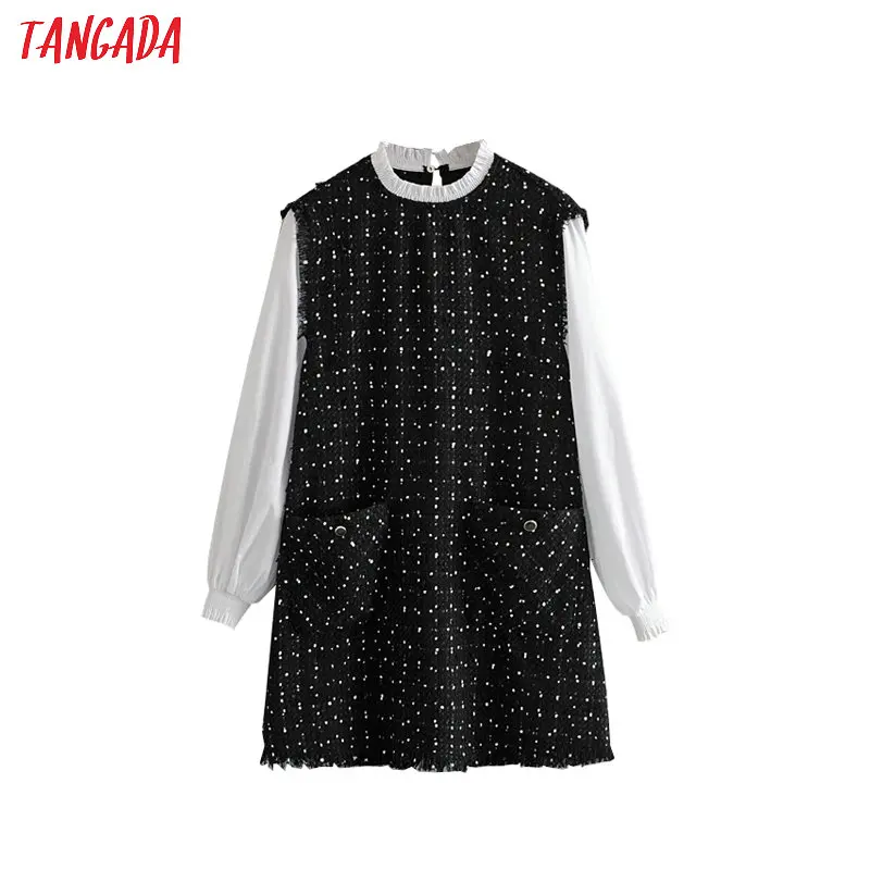 

Tangada women vintage tassel tweed dress patchwork long sleeve 2020 spring females work mini dresses vestidos 3H431