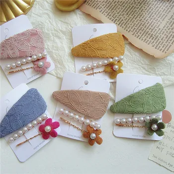 

3 Pcs/set Korean Aesthetic Temperament Lace Flower Fabric BB Clip for Sweet Girl Women Fashion Imitation Pearl Hairpins Headwear