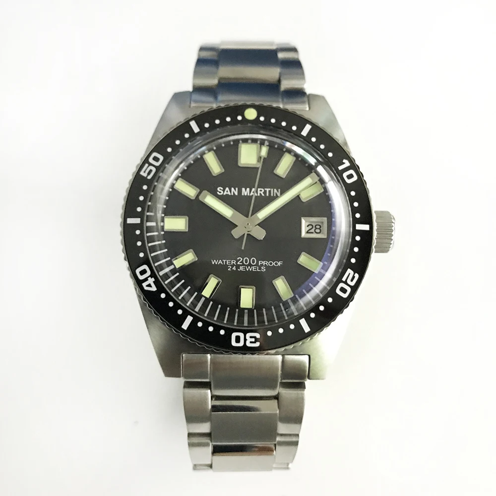 mineral black dial Мужские автоматические часы San Martin 62MAS, Водонепроницаемость 200 м, 12 светящийся ободок, ремешок из нержавеющей стали, мужские наручные часы для дайвинга - Цвет: mineral black dial