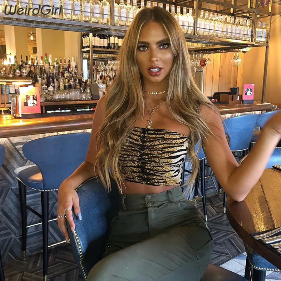 

Weirdgirl New Summer Slim Camisole leopard tiger pattern Sexy Cropped top Women slash neck Spaghetti Vest Streetwear tube top
