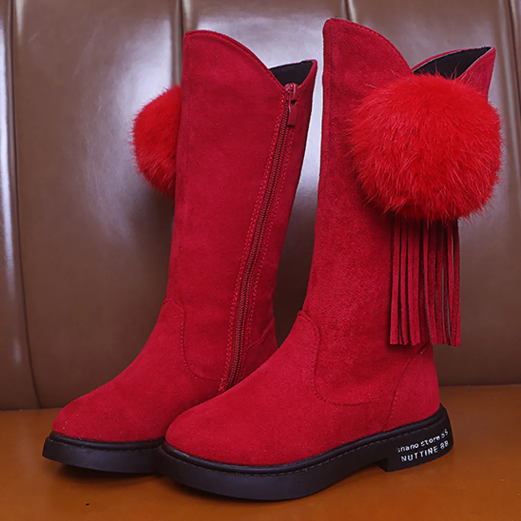 Girls Knee-High, Sedue tassel Princess Snow Boots with Hair Ball& Plush, Party Kids daily Students Warm Winter shoes