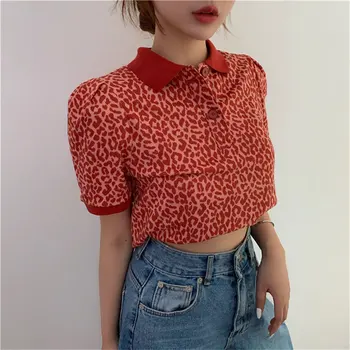 

Alien Kitty Vintage Leopard Summer Lapel Short Sleeve 2020 Animal Printed Knitted T-Shirts Loose All Match Stylish Tee New Tops