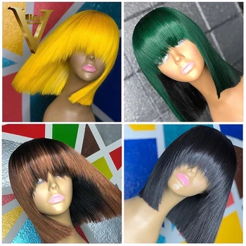 

Blonde Pink Bob Wig With Bangs 99J Colored Lace Front Human Hair Wigs For Women Brazilian Remy 13x4 Transparent Lace Wigs 130