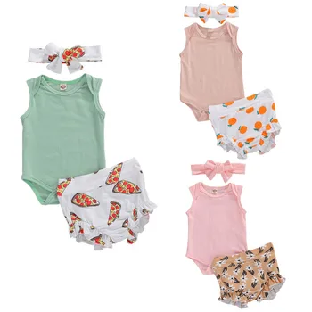 

2020 Baby Summer Clothing Infant Baby Girl Boy Clothes Sleeveless Ruffled Romper Tops High Waist Shorts Headband Outfits Sets