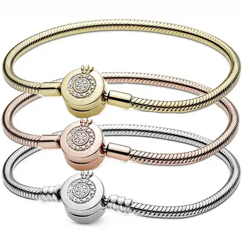 

New 925 Sterling Silver Moments Sparkling Crown O Clasp Snake Chain Bracelet Bangle Fit Original Bead Charm Diy Europe Jewelry