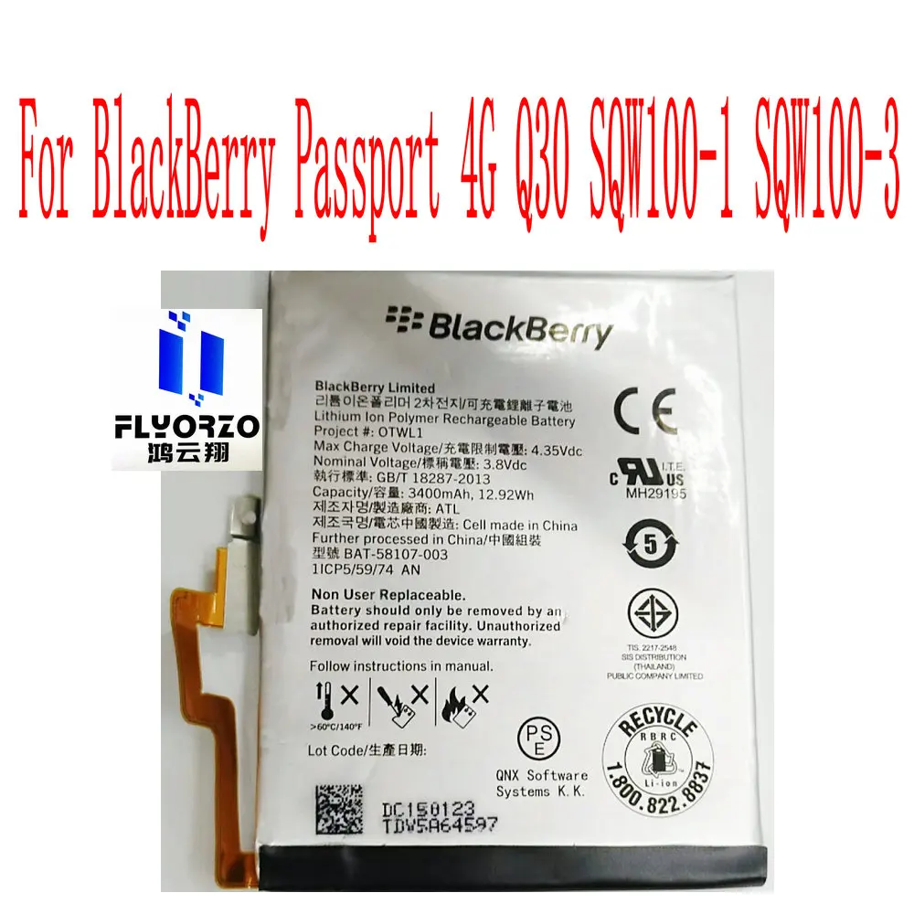 10 шт./лот абсолютно новый оригинальный аккумулятор 3400mAh BAT-58107-003 для BlackBerry Passport 4G Q30
