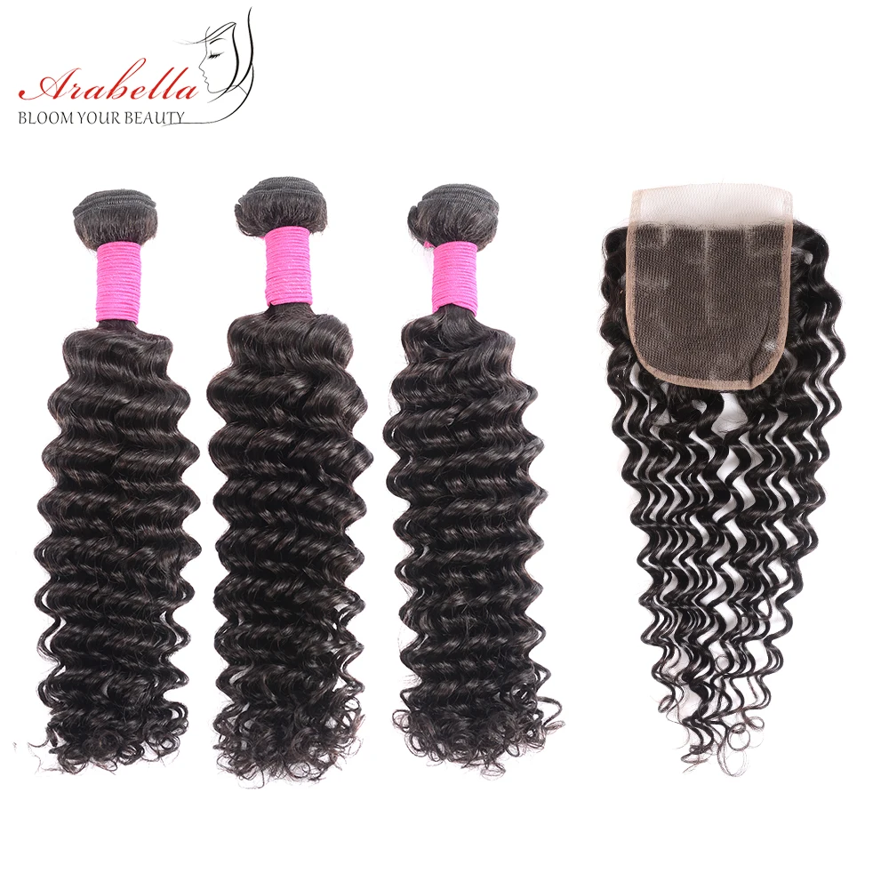 

Peruvian Deep Wave Hair Bundles With Closure Human Hair Extension 3 Bundles Hair Weave With 4*4 Lace Closure Arabella Remy Hair