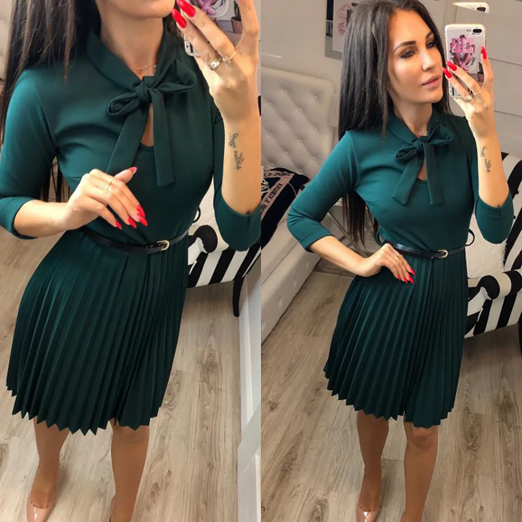 Осеннее платье для женщин длинный рукав о-образный вырез мини свободное