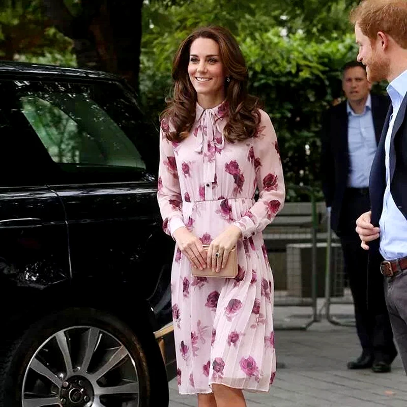 Kate Middleton Plus Size High Quality New Fashion Elegant Office Lady Casual Pink Rose Chiffon Dress | Женская одежда