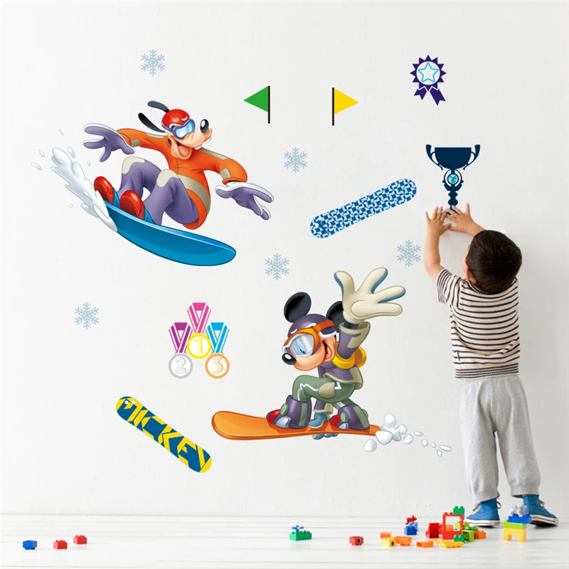 

Cartoon Disney Mickey Goofy Ski Competition Wall Stickers For Kids Rooms Bedroom Home Decor Wall Decals Pvc Mural Art Wallpaper