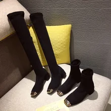 Зимние женские высокие сапоги эластичные сапоги с металлическими вставками обувь на высоком каблуке с квадратным носком женские мотоботы на толстом каблуке