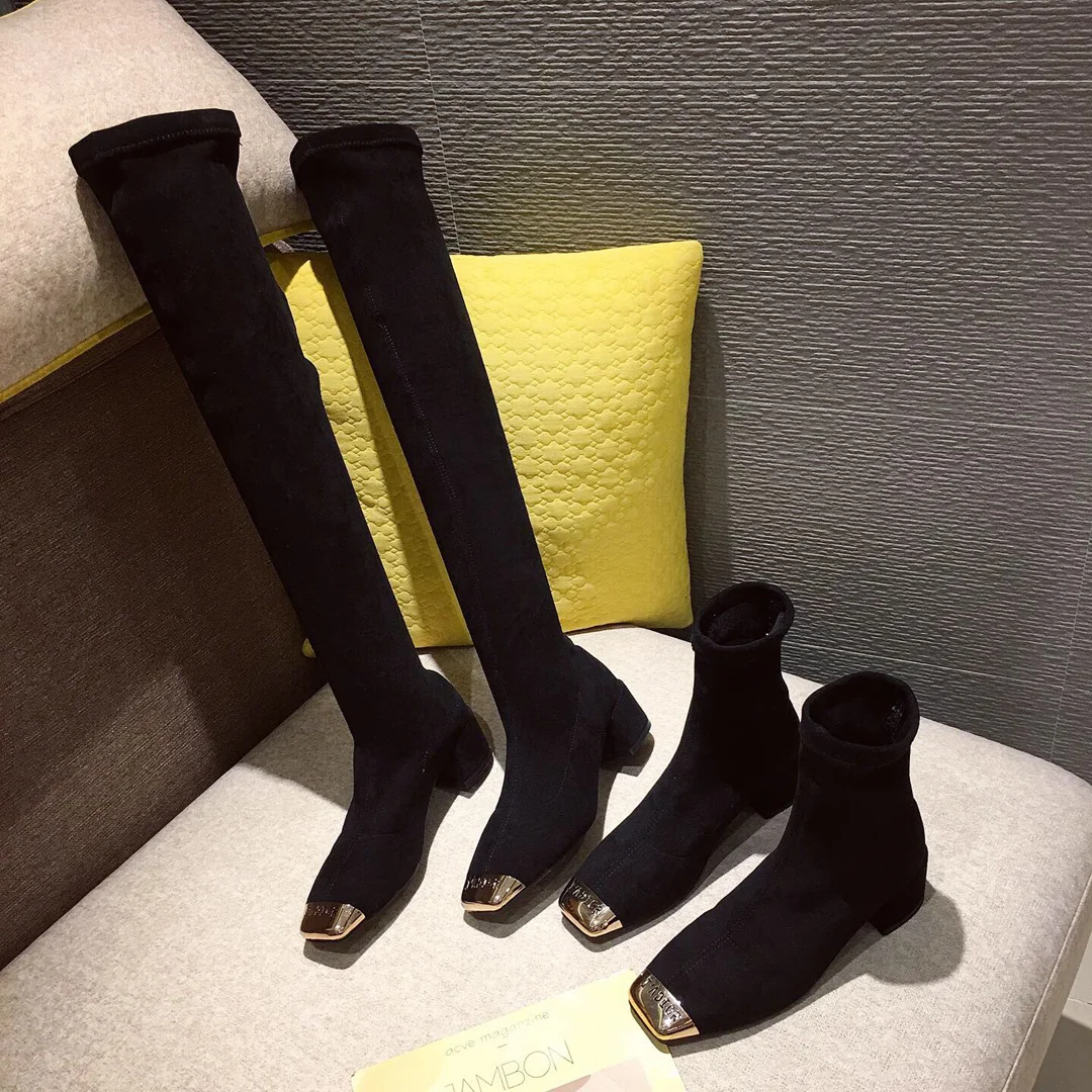 

Winter women's long boots Metal splicing elastic boots square toe high heel shoes ladies thick heel Motorcycle boots