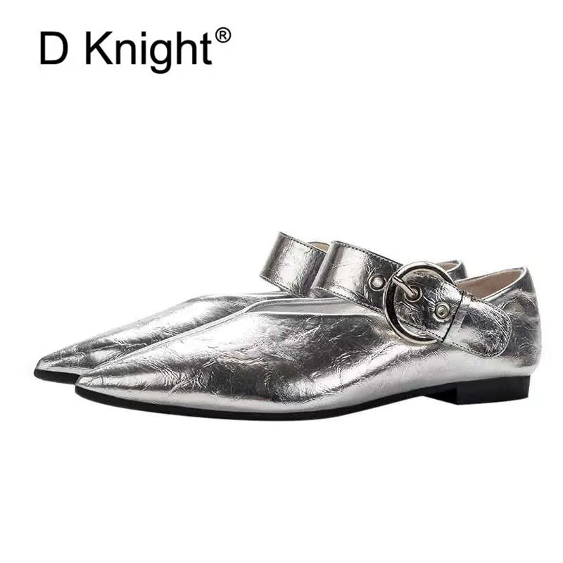 

Spring Women Flat Single Shoes Summer V-Mouth Adjustable Grandma Shoes Gold Silver Patent Leather Buckle Lazy Shoes Woman Loafer