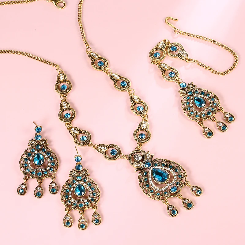 Bridal Jewelry Sets Vintage Look Jewelry Sets Pendants Necklace Earring For Women Gold-Color Mosaic Blue Crystal Party Gifts