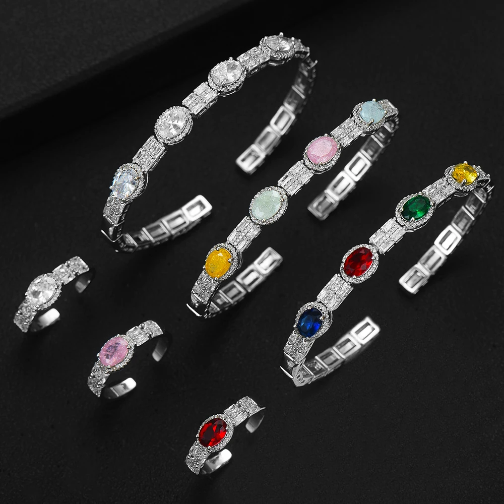 

SisCathy 2PCS Romantic Elegant Bridal Dubai African Wedding Jewelry Sets Multicolor Crystal Cubic Zircon Bangle/Ring For Women