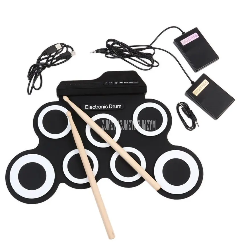 Рулонный USB силиконовый барабанный набор компактный размер цифровой набор электронных ударных 7 барабанных колодок с барабанными палочками педаль для начинающих детей - Цвет: Черный