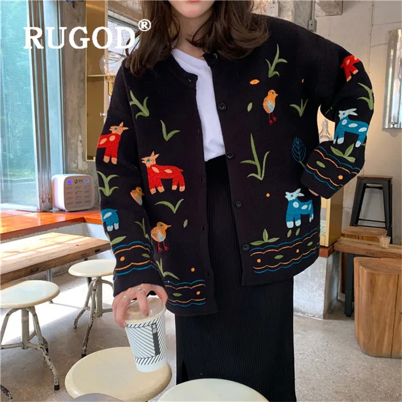 RUGOD осенний Женский вышитый Хлопковый вязаный кардиган с животным рисунком травы, вышитый милый свитер, шикарное уютное пальто