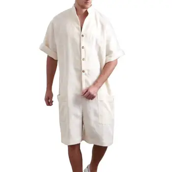 

Men Short Sleeve Stand Collar Single-Breasted Hip-hop Short Trousers Jumpsuit Cotton Blend One-piece Button Closure Solid Color