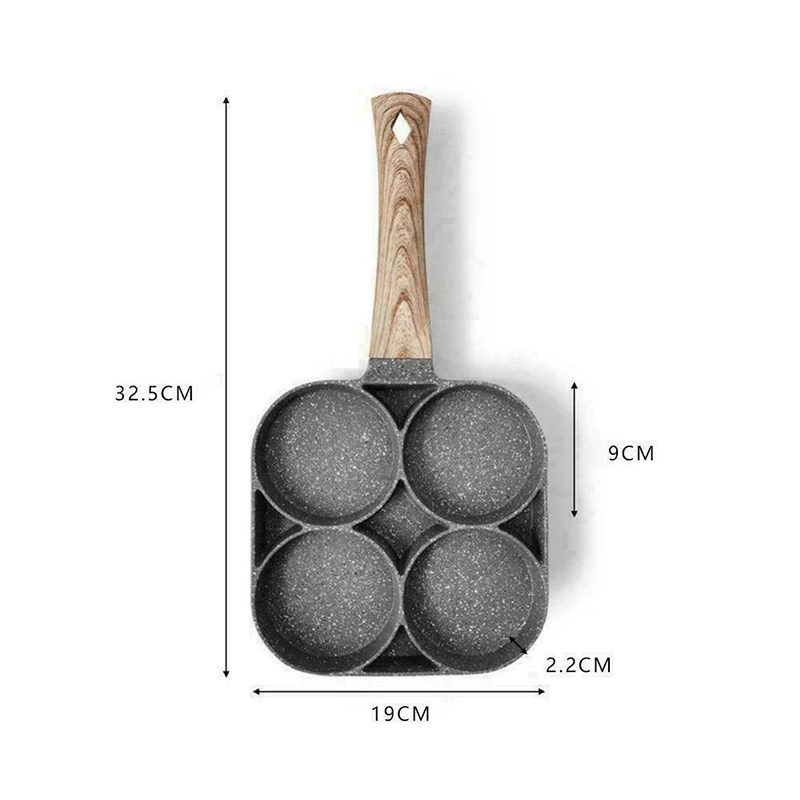 Fry Pan for Eggs Non Stick Fri Pan Ham Pancake Maker Egg Burger Pan with Wooden Handle 4 Hole for Induction Cooker Gas Stove