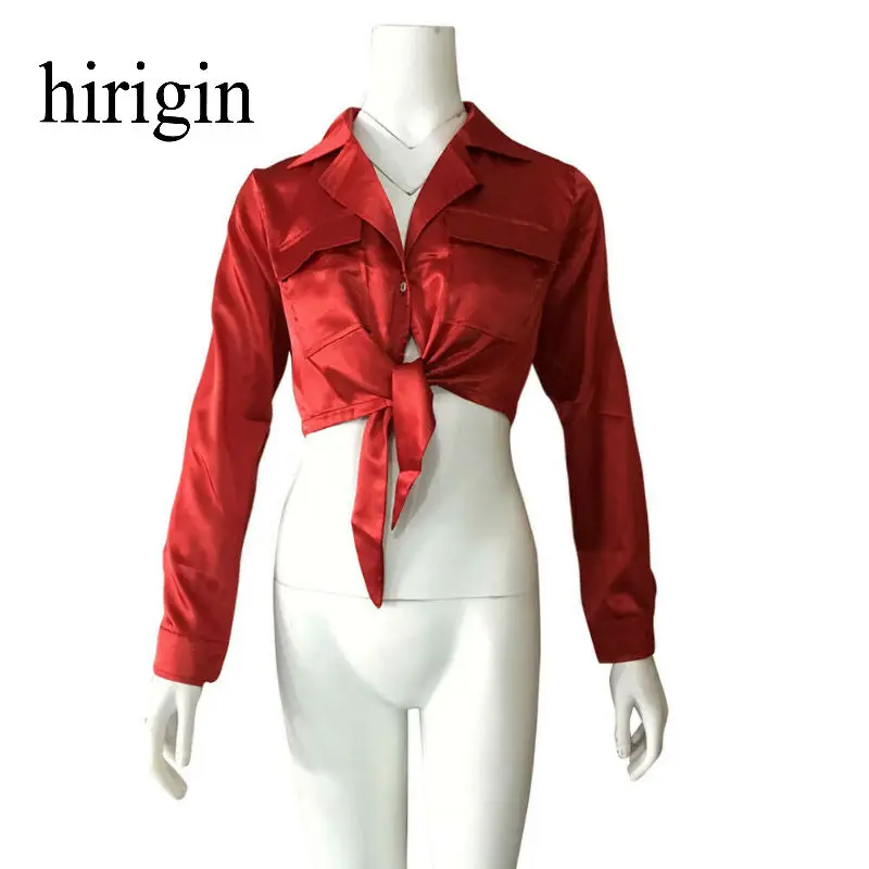 hirigin Women Lady Satin Silk Lace-up Bow Knot Bouses Crop Tops Ladies Full Sleeve Deep V Neck Shirts Solid Sexy Blouse | Женская одежда