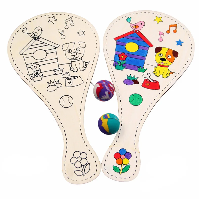 

4PCS Wooden Racket Game DIY Drawing Toy Kindergarten Teaching Aids Painting Craft Art Cartoon with Ball Graffiti Handmade Toys