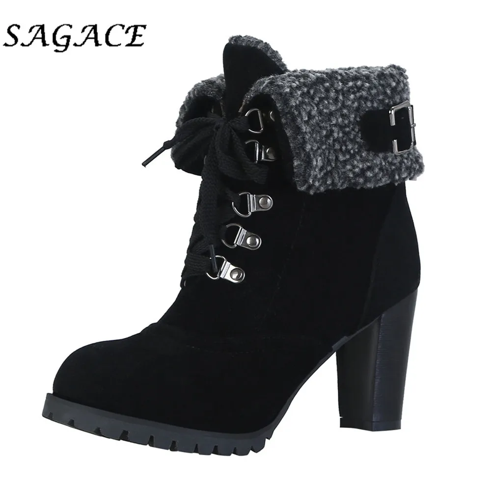 

SAGACE Shoes ladies flock boots vintage boots pointed toe square heel shoes lace up boots 2019 winter women platform boots high