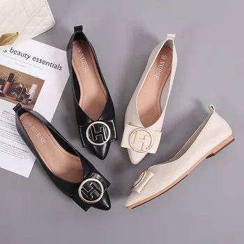 

2020 Women's Flat Shoes Ballet Shoes Pointed Round buckle PU Leather Fashion Ballerina Shoes For Women