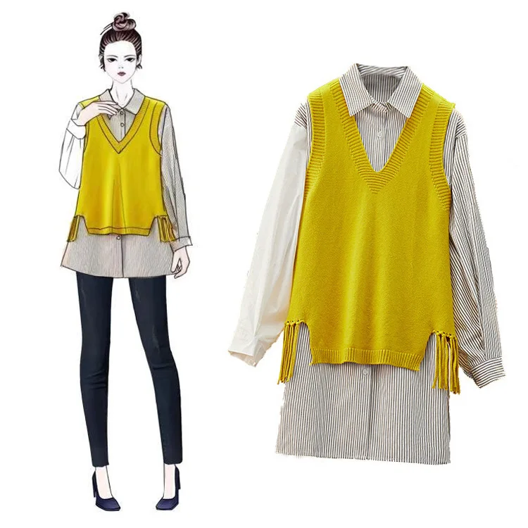 

Fat Mm Large Size Dress 2019 Spring Plus-sized V-neck Sleeveless Vest Sweater Tassels Versatile Tops Two-Piece Set
