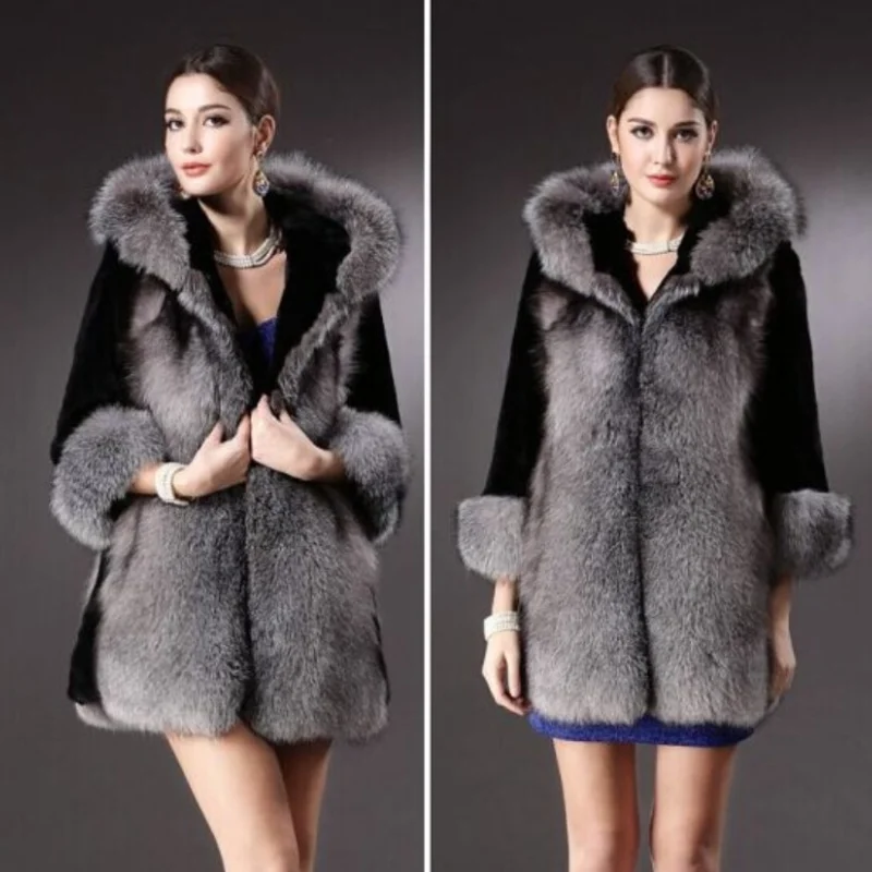 

Fashion Women's Faux Fur Coat Hooded Autumn Winter Faux Fur Silver Fox Coat Female Hot Sale European And American женское пало